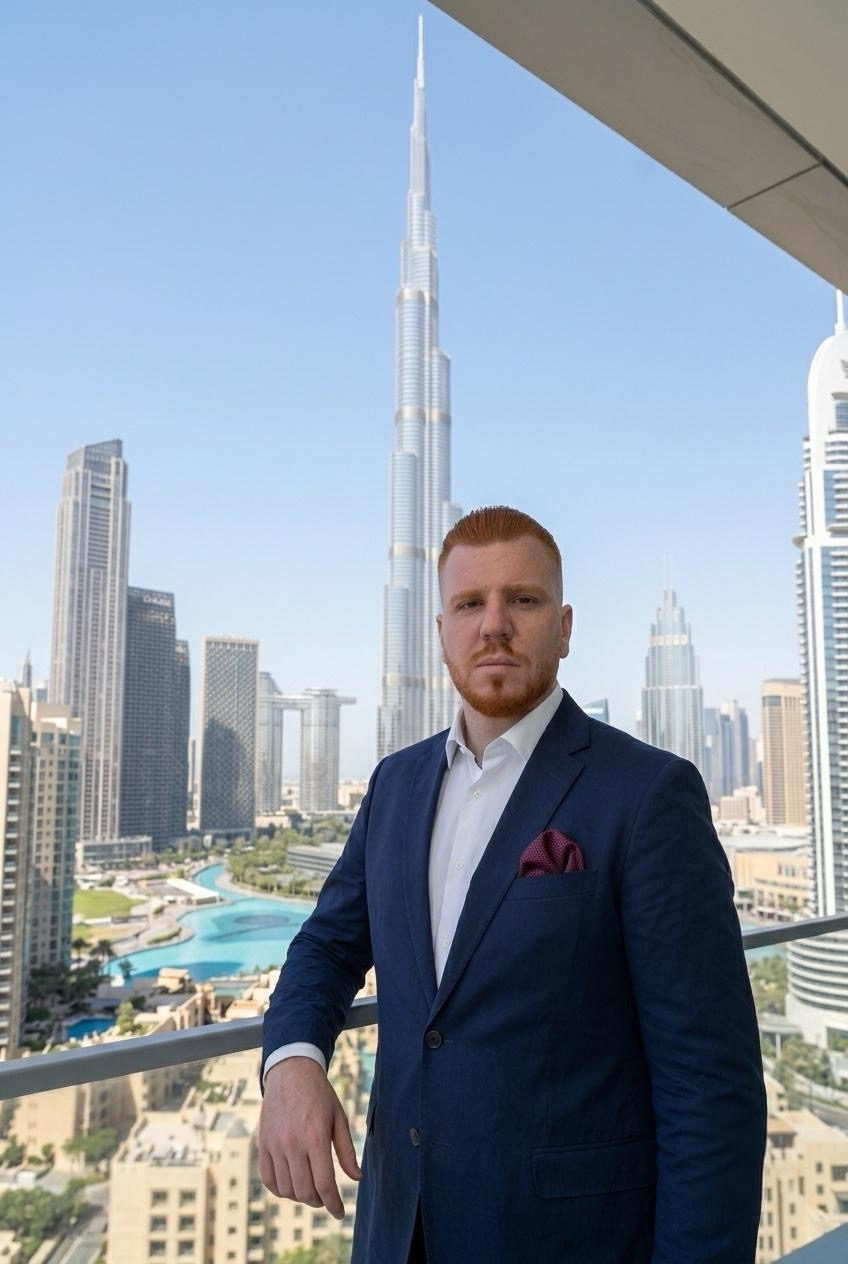 Executive on a balcony overlooking the Downtown Dubai skyline and Burj Khalifa